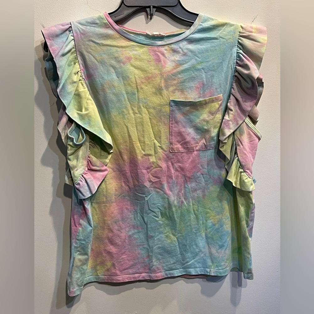 Main Strip Pastel Tie-Dye Ruffle Sleeve Top Very Soft